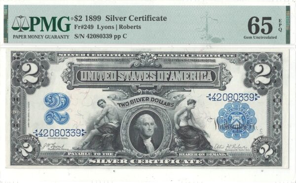 1899 $2 Silver Certificate Fr-249 PMG Gem CU-65 EPQ - Image 2