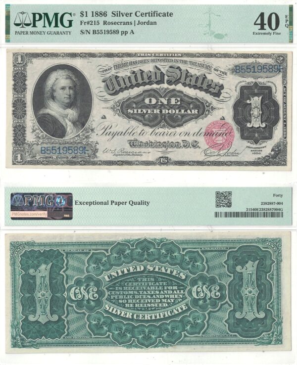 1886 $1 Silver Certificate Fr-215 PMG XF-40 EPQ