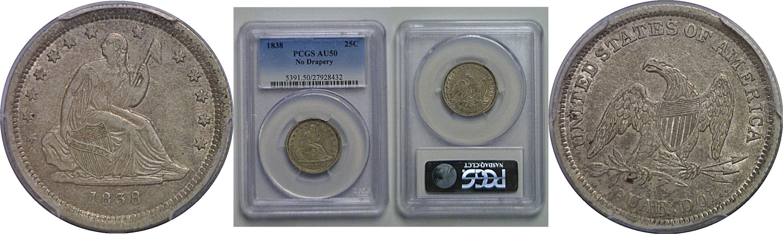 1838 Seated Liberty Quarter   PCGS AU-50