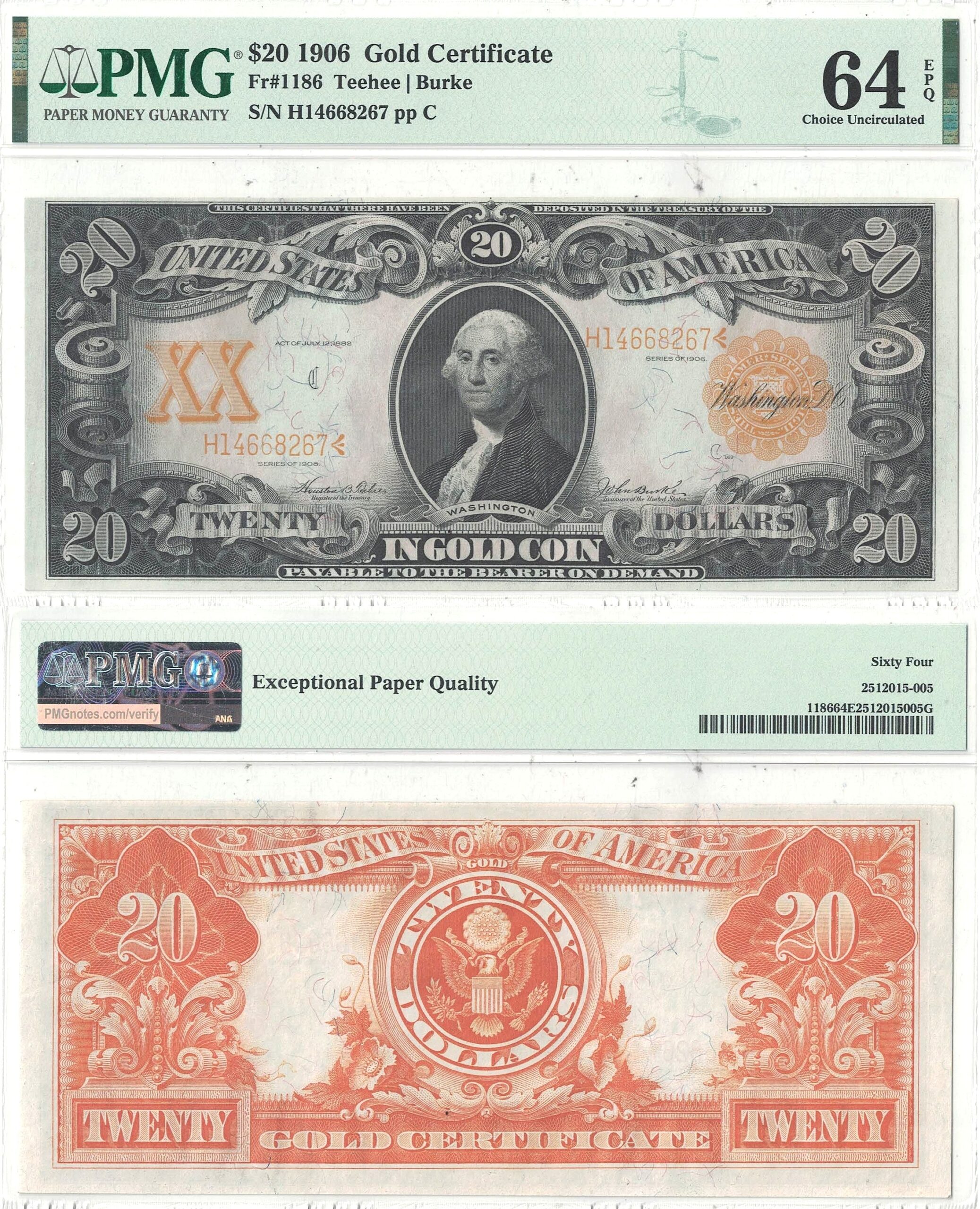1906 $20 Gold Certificate Fr-1186 PMG Choice CU-64 EPQ