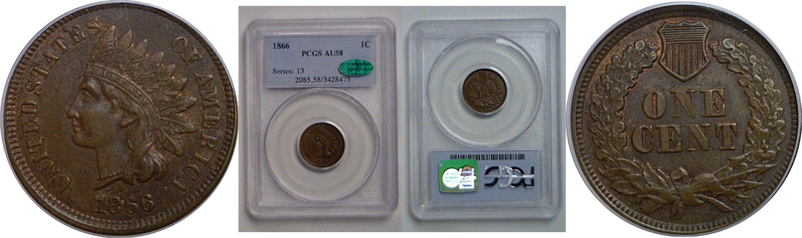 1866 Indian Head Cent   PCGS AU-58  CAC