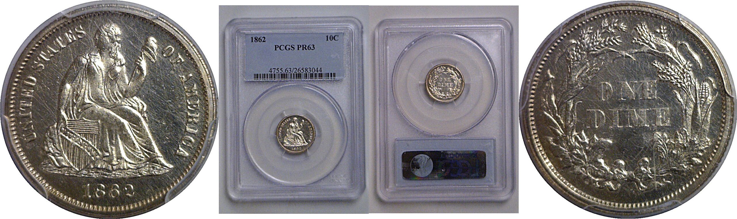 1862 Seated Liberty Dime   PCGS PR-63