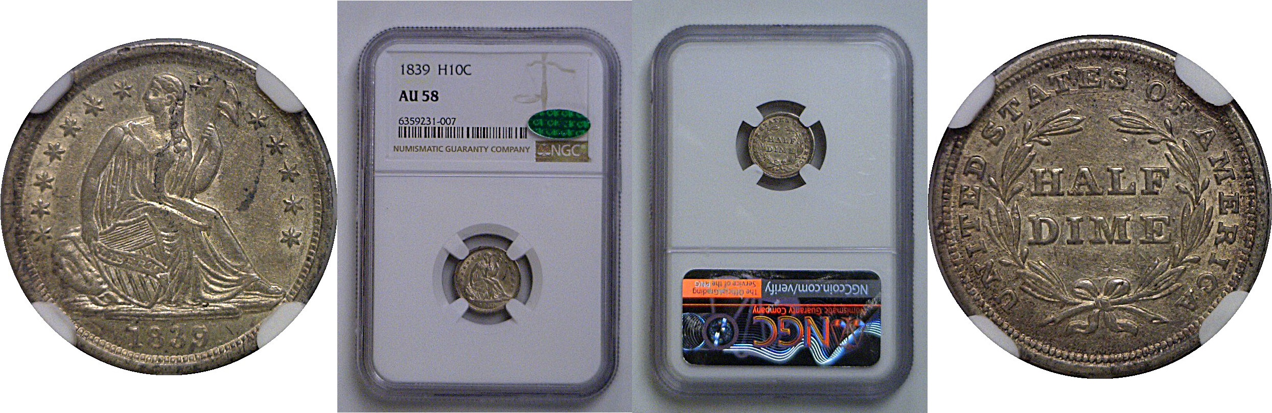 1839 Seated Liberty Half Dime   NGC AU-58  CAC