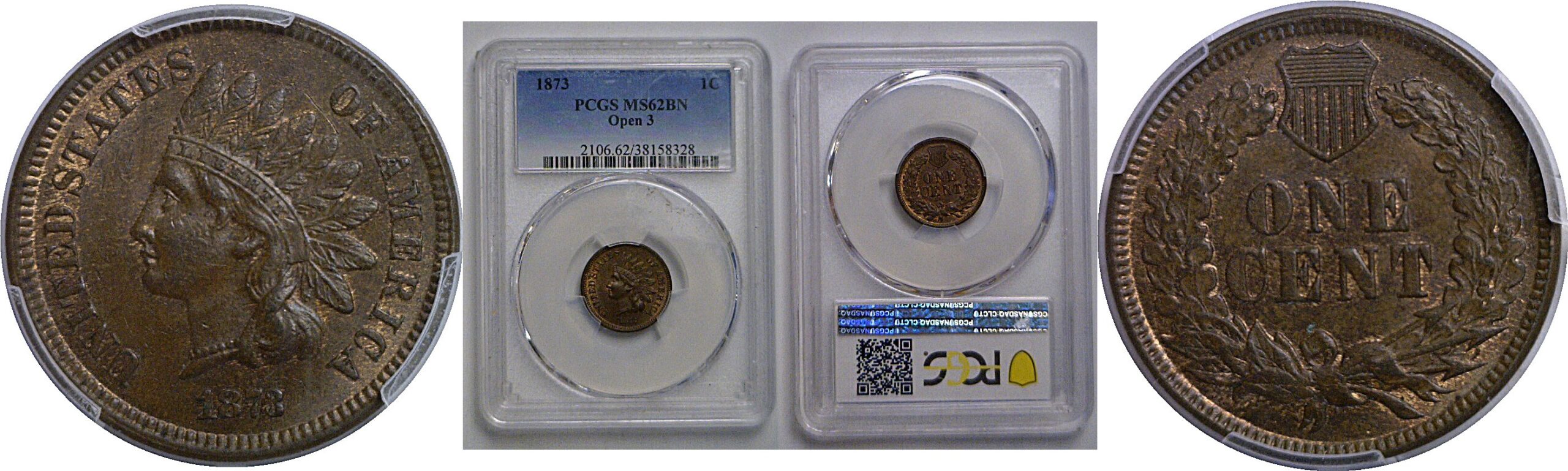 1873 Open 3  Indian Head Cent   PCGS MS-62 BN