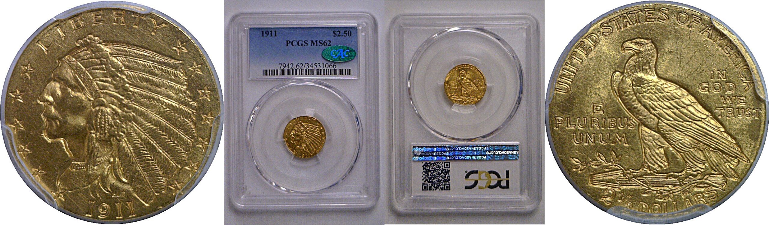 1911 $2 1/2 Indian   PCGS MS-62  CAC