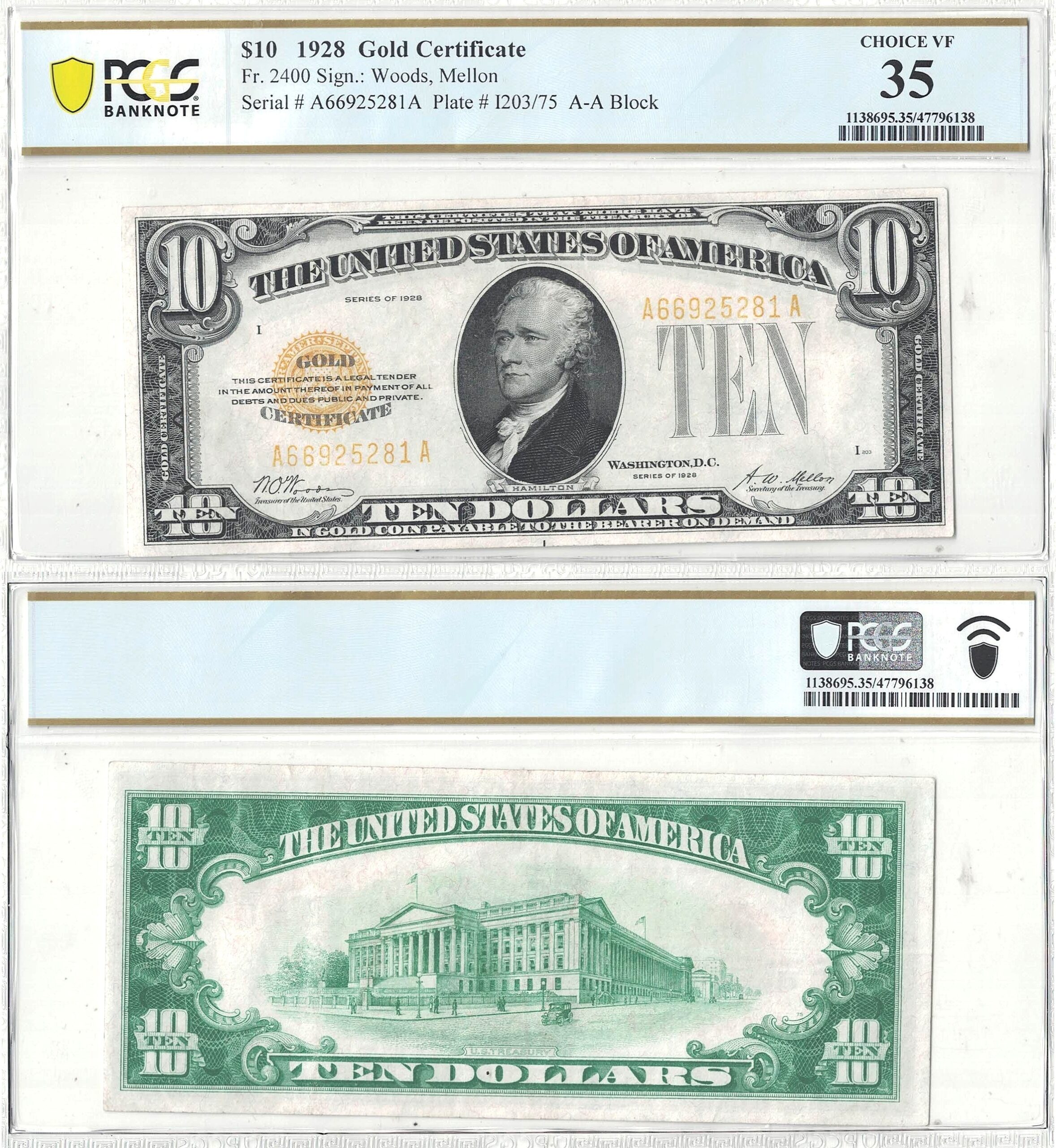 1928 $10 Gold Certificate Fr-2400 PCGS VF-35
