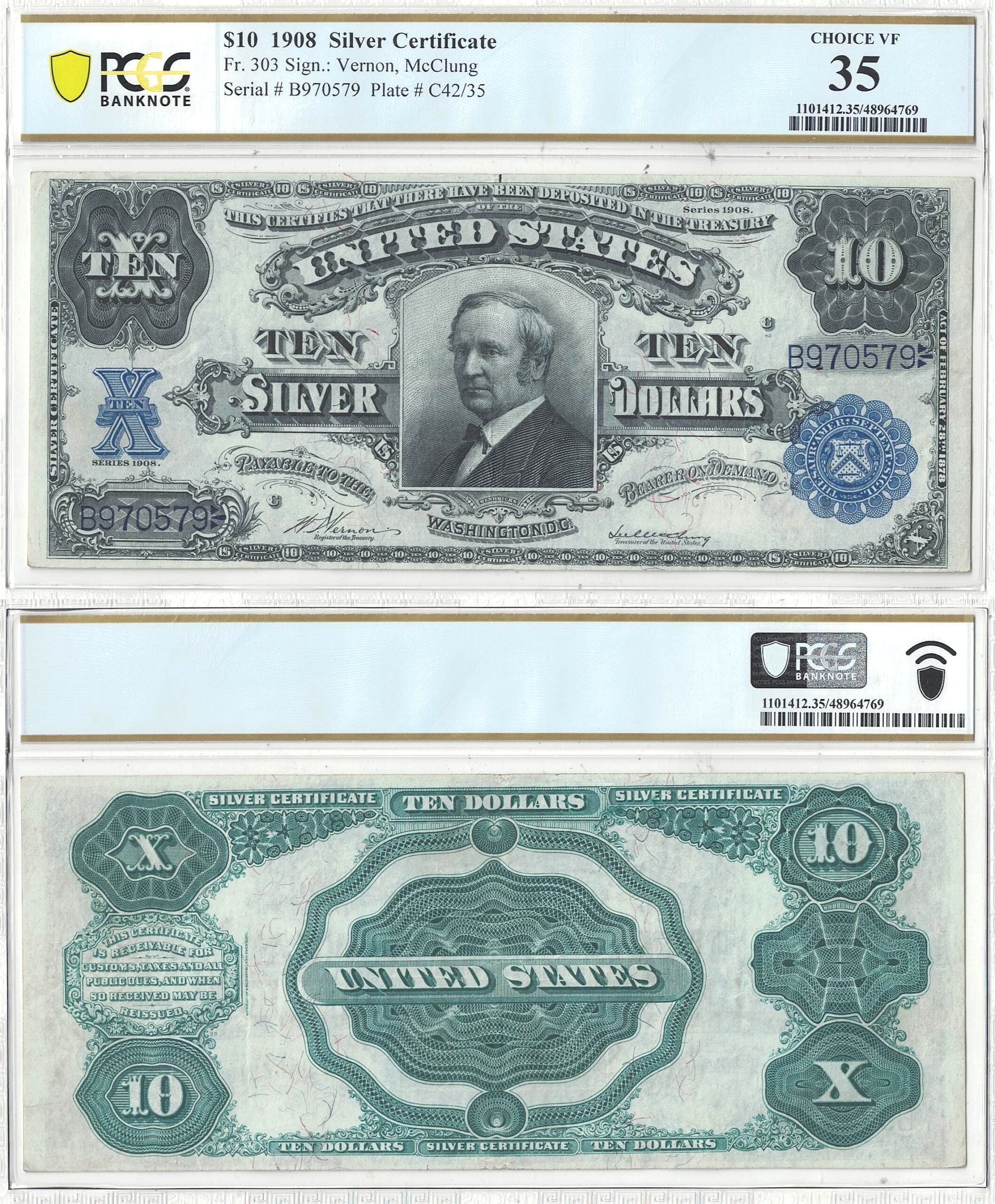 1908 $10 Silver Certificate Fr-303 PCGS VF-35