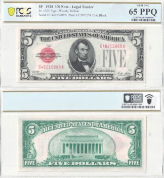 1928 $5 Legal Tender Note Fr-1525 PCGS Gem CU-65 PPQ