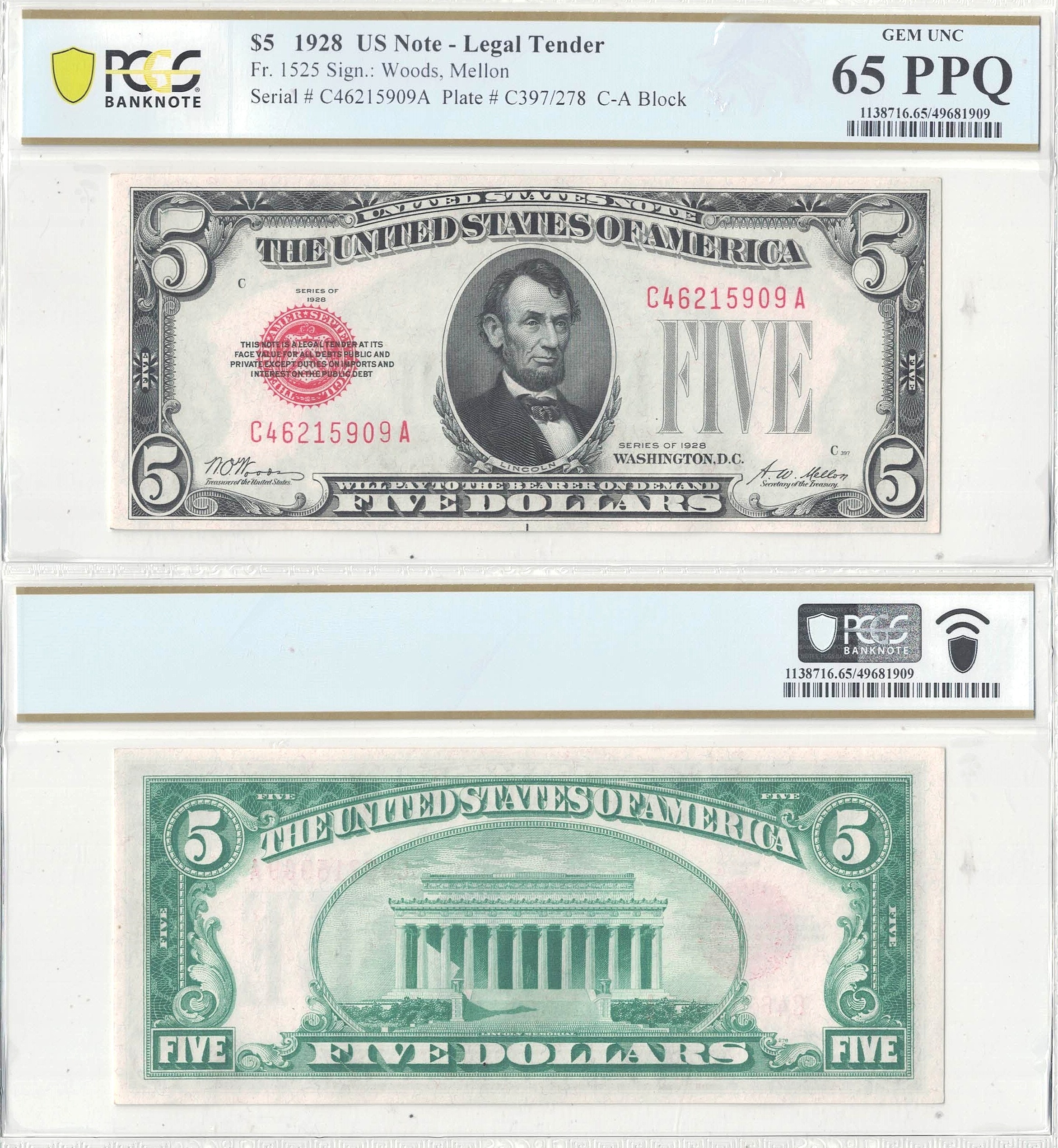 1928 $5 Legal Tender Note Fr-1525 PCGS Gem CU-65 PPQ