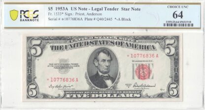 1953-A $5 Legal Tender Star Note Fr-1533* PCGS Choice CU-64 - Image 2