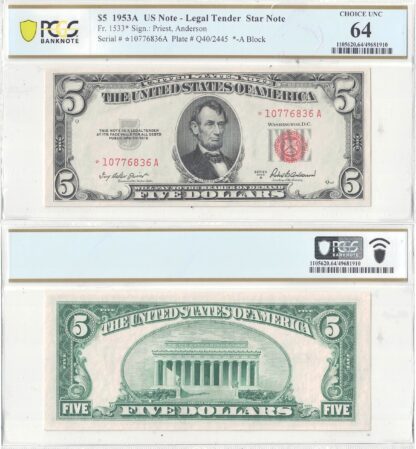 1953-A $5 Legal Tender Star Note Fr-1533* PCGS Choice CU-64