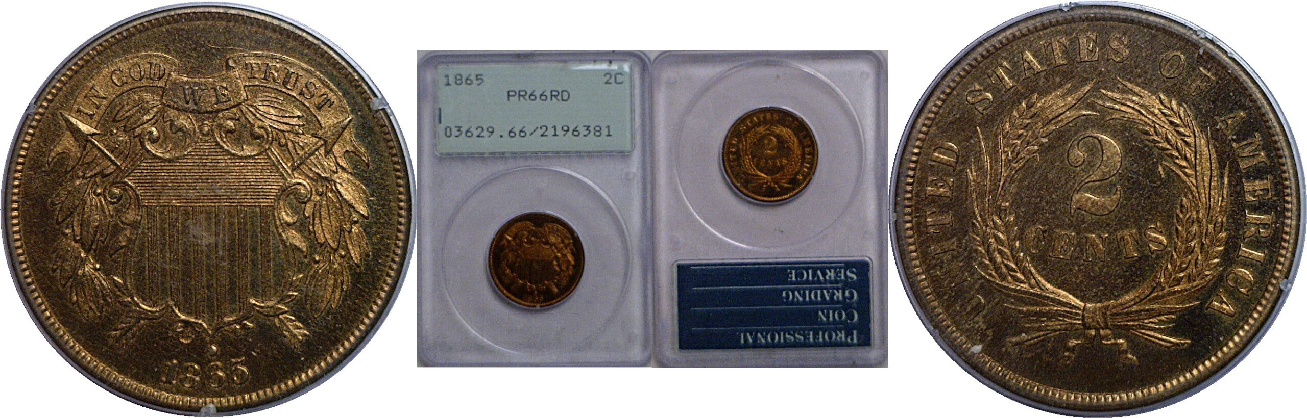 1865 Two Cent Piece   PCGS PR-66 RD