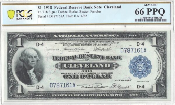 1918 $1 Federal Reserve Bank Note Fr-718 PCGS Gem CU-66 PPQ - Image 2
