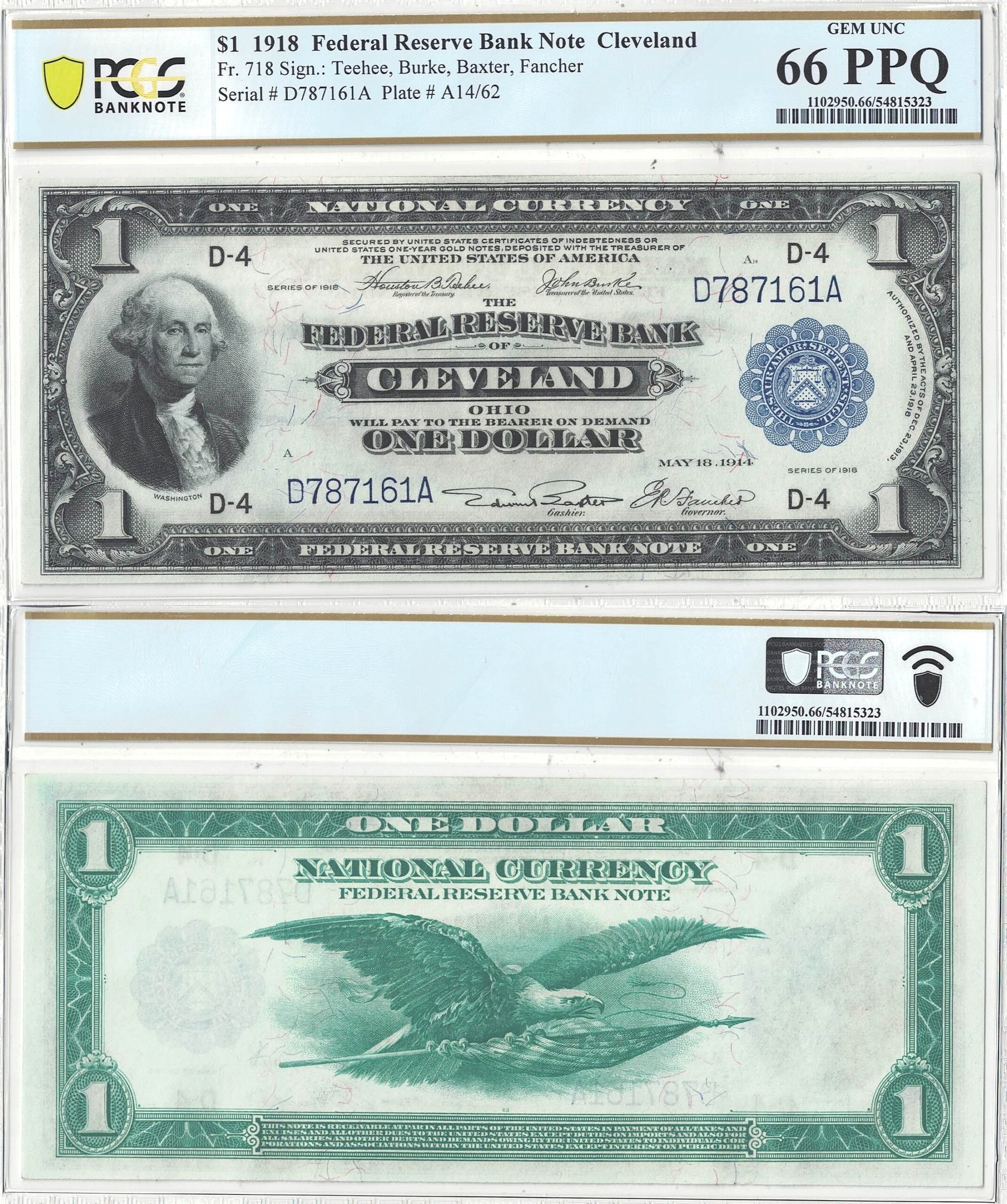 1918 $1 Federal Reserve Bank Note Fr-718 PCGS Gem CU-66 PPQ