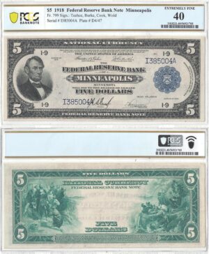 1918 $5 Federal Reserve Bank Note Fr-799 PCGS XF-40