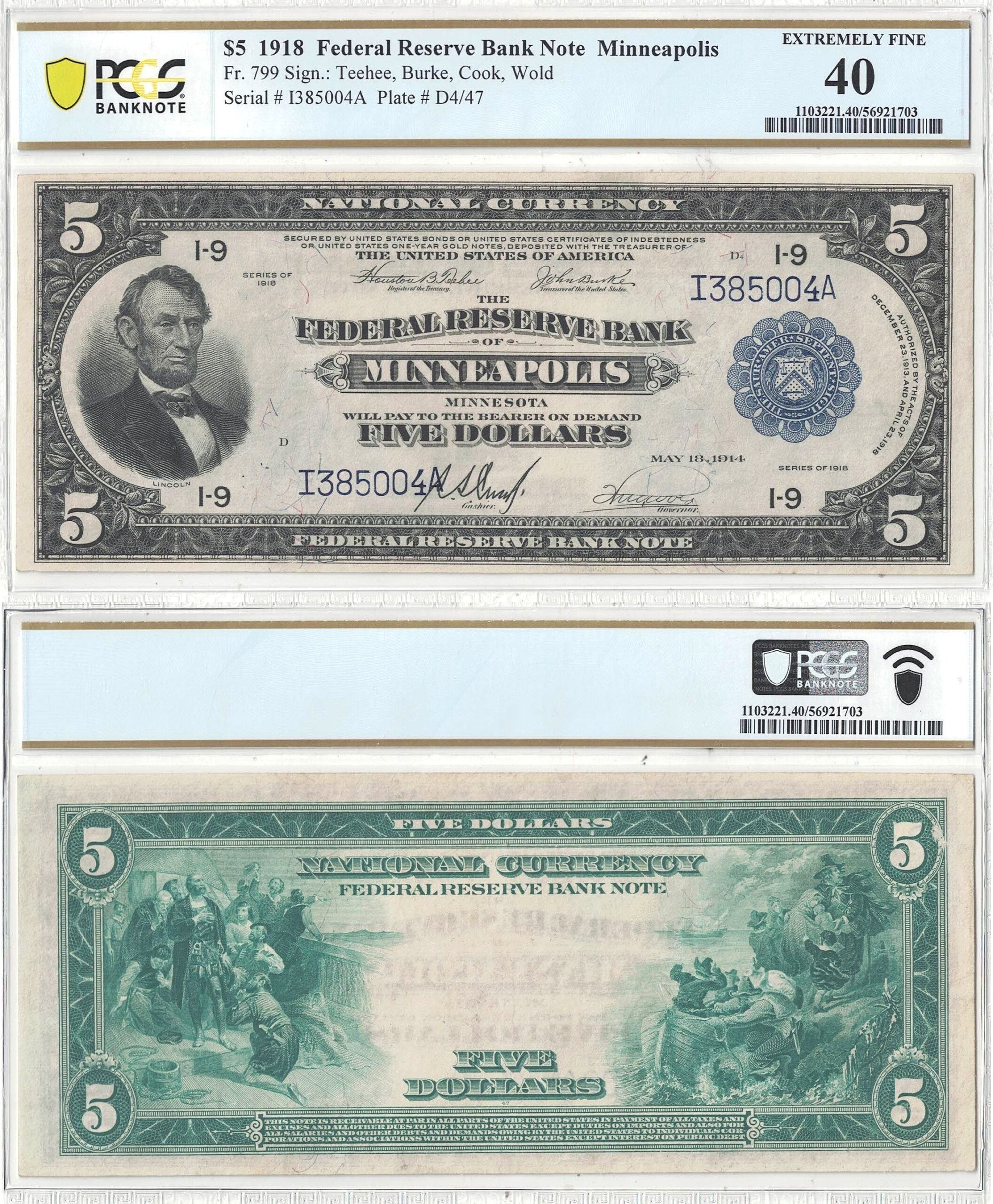 1918 $5 Federal Reserve Bank Note Fr-799 PCGS XF-40