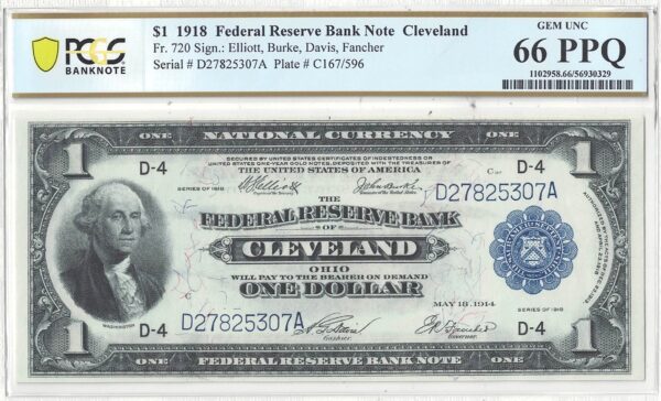 1918 $1 Federal Reserve Bank Note Fr-720 PCGS Gem CU-66 PPQ - Image 2