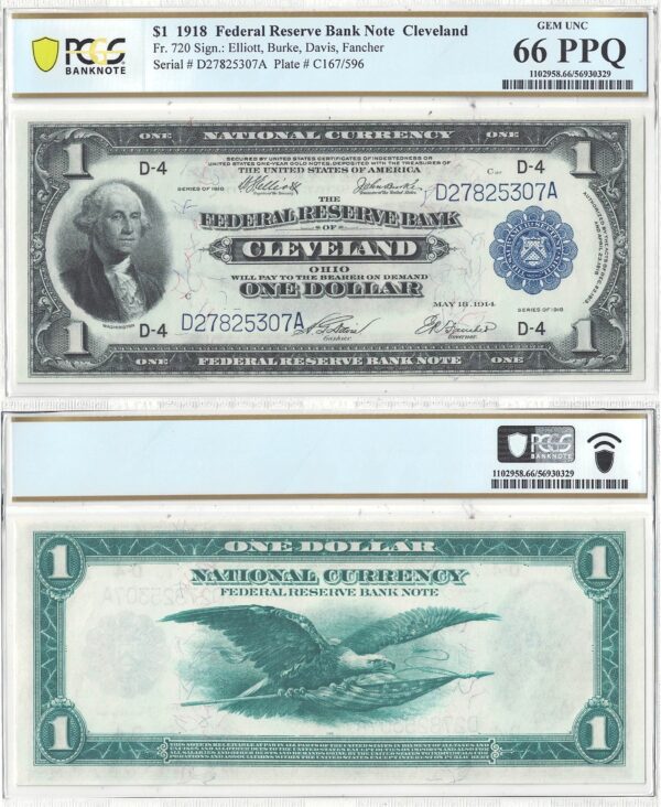 1918 $1 Federal Reserve Bank Note Fr-720 PCGS Gem CU-66 PPQ