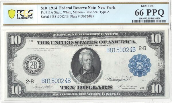 1914 $10 Federal Reserve Note Fr-911a PCGS Gem CU-66 PPQ - Image 2