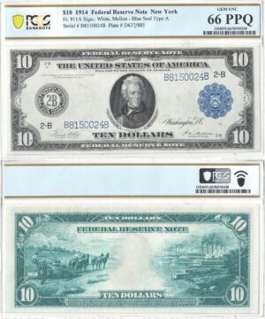 1914 $10 Federal Reserve Note Fr-911a PCGS Gem CU-66 PPQ