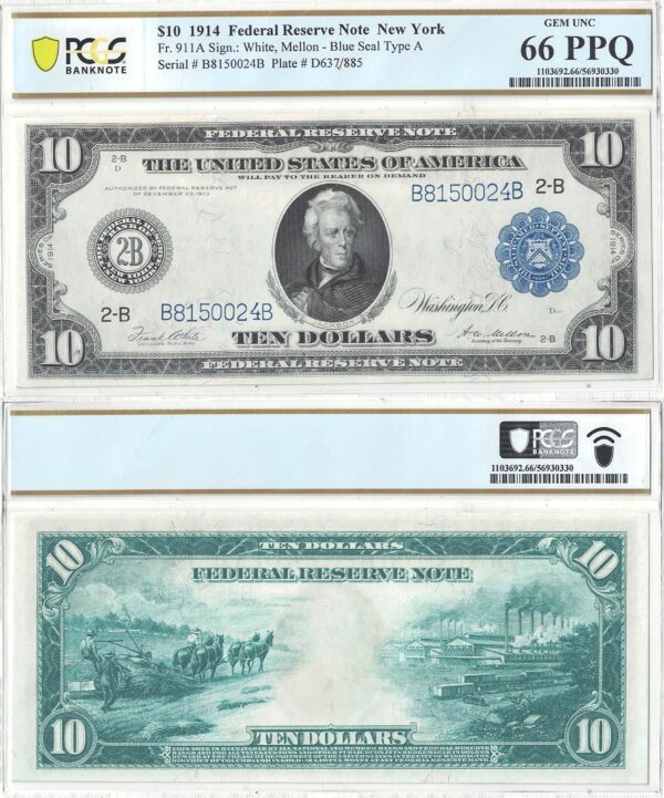 1914 $10 Federal Reserve Note Fr-911a PCGS Gem CU-66 PPQ