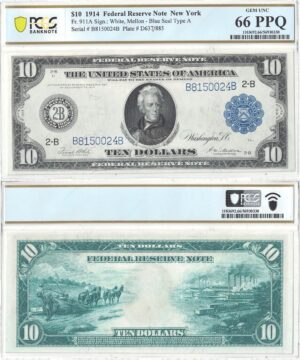 1914 $10 Federal Reserve Note Fr-911a PCGS Gem CU-66 PPQ