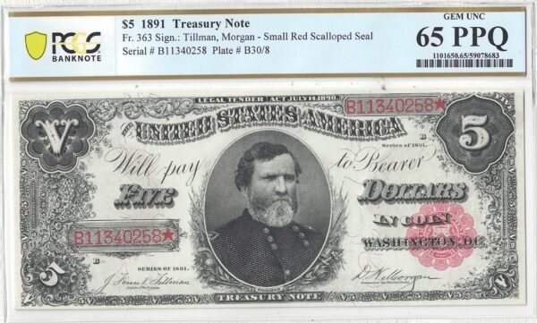1891 $5 Treasury Note Fr-363 PCGS Gem CU-65 PPQ - Image 2
