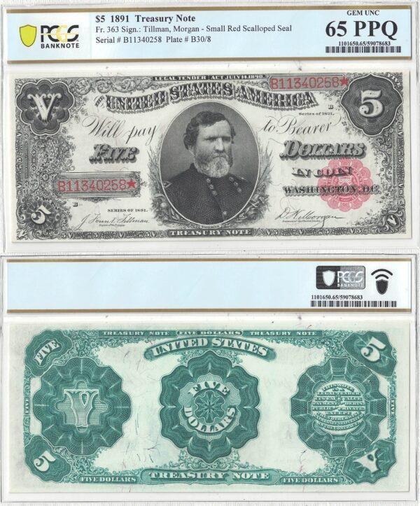 1891 $5 Treasury Note Fr-363 PCGS Gem CU-65 PPQ