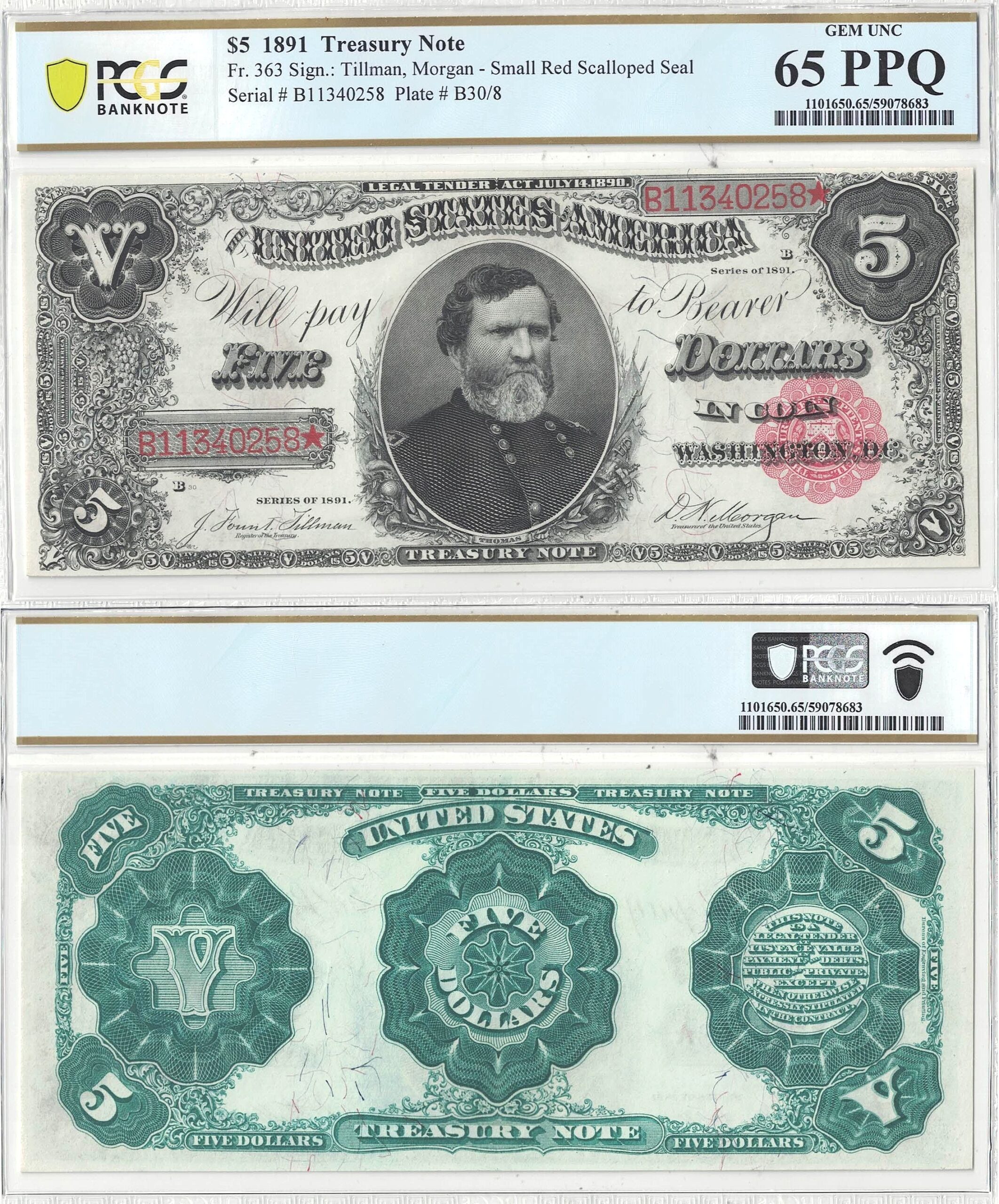 1891 $5 Treasury Note Fr-363 PCGS Gem CU-65 PPQ