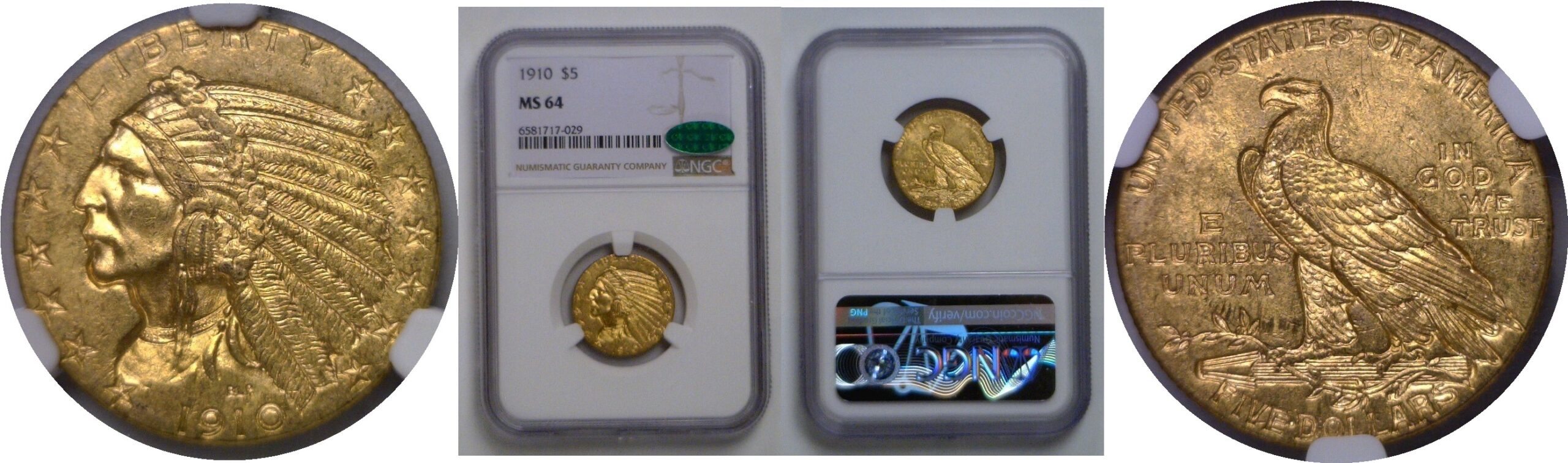 1910 $5 Indian    NGC MS-64 CAC