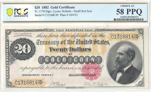 1882 $20 Gold Certificate Fr-1178 PCGS AU-58 PPQ - Image 2
