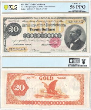 1882 $20 Gold Certificate Fr-1178 PCGS AU-58 PPQ