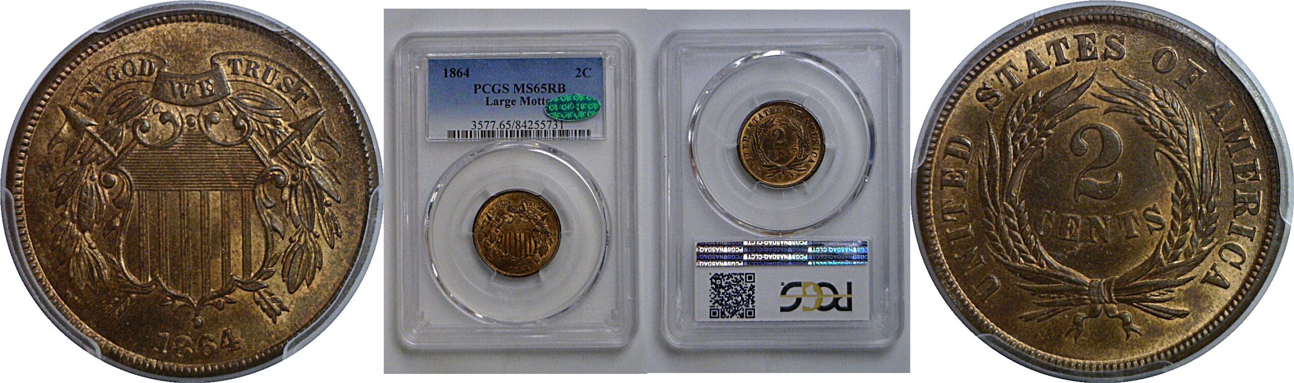 1864 Large Motto  Two Cent Piece   PCGS MS-65 RB  CAC