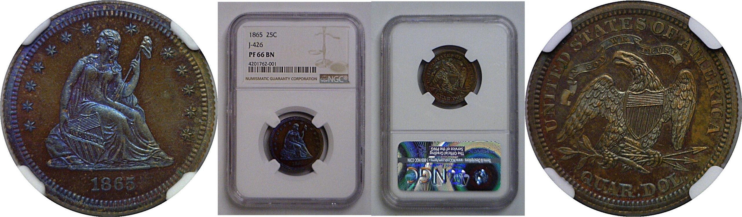 1865 Pattern Quarter  Judd-426   NGC PR-66 BN