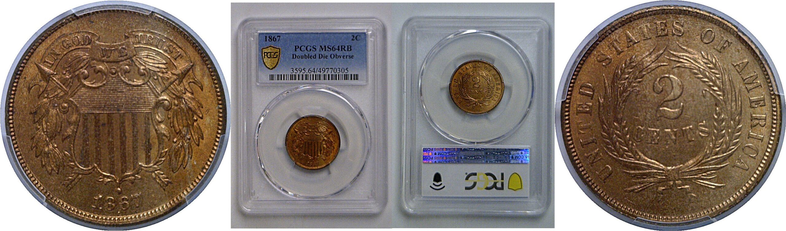 1867 Doubled Die Obverse   Two Cent Piece     PCGS MS-64 RB