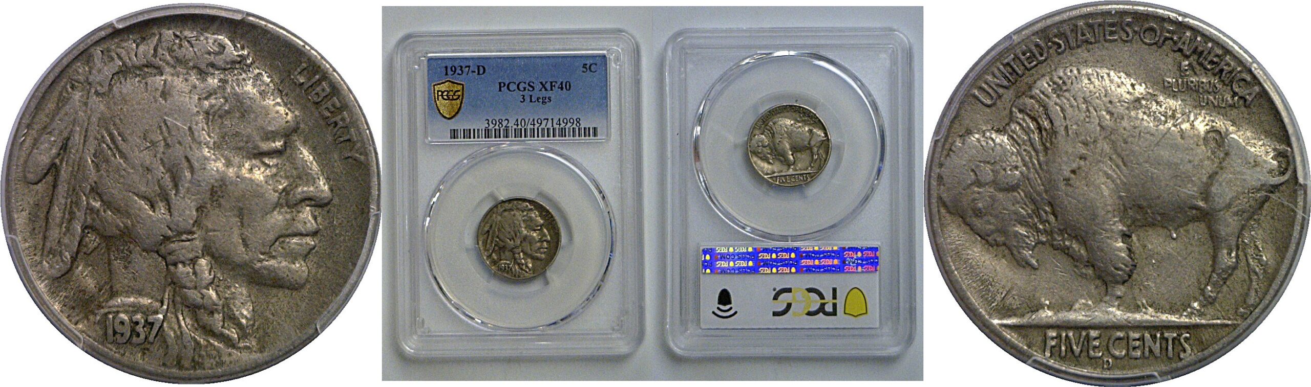1937-D 3 Legs  Buffalo Nickel    PCGS XF-40