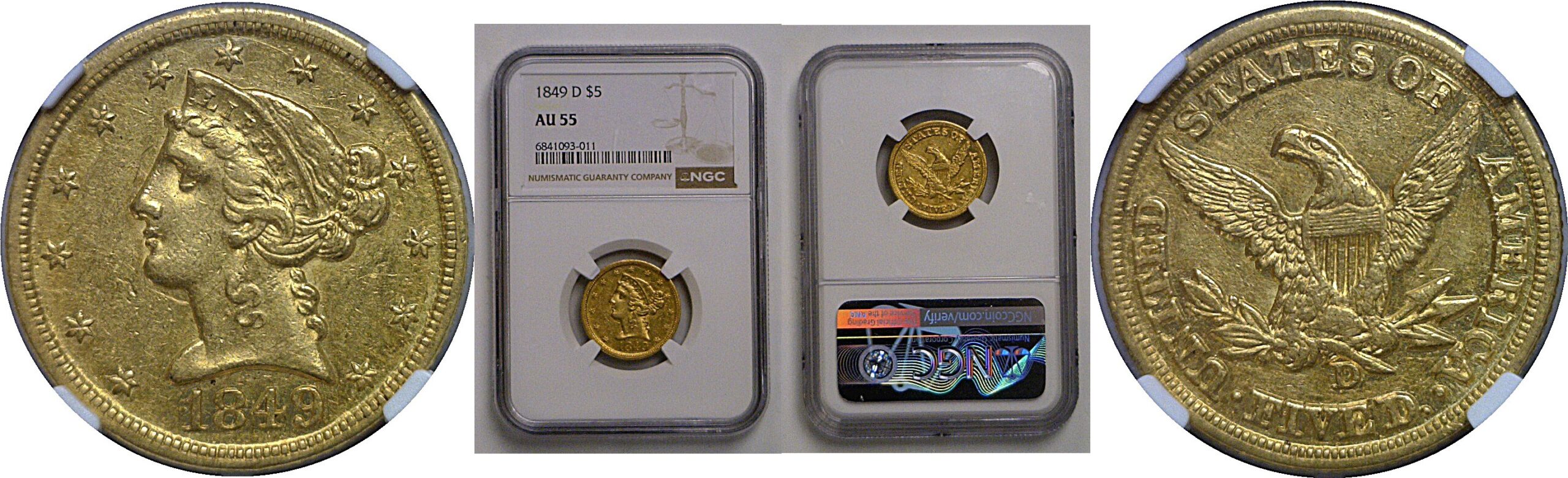 1849-D $5 Liberty   NGC AU-55