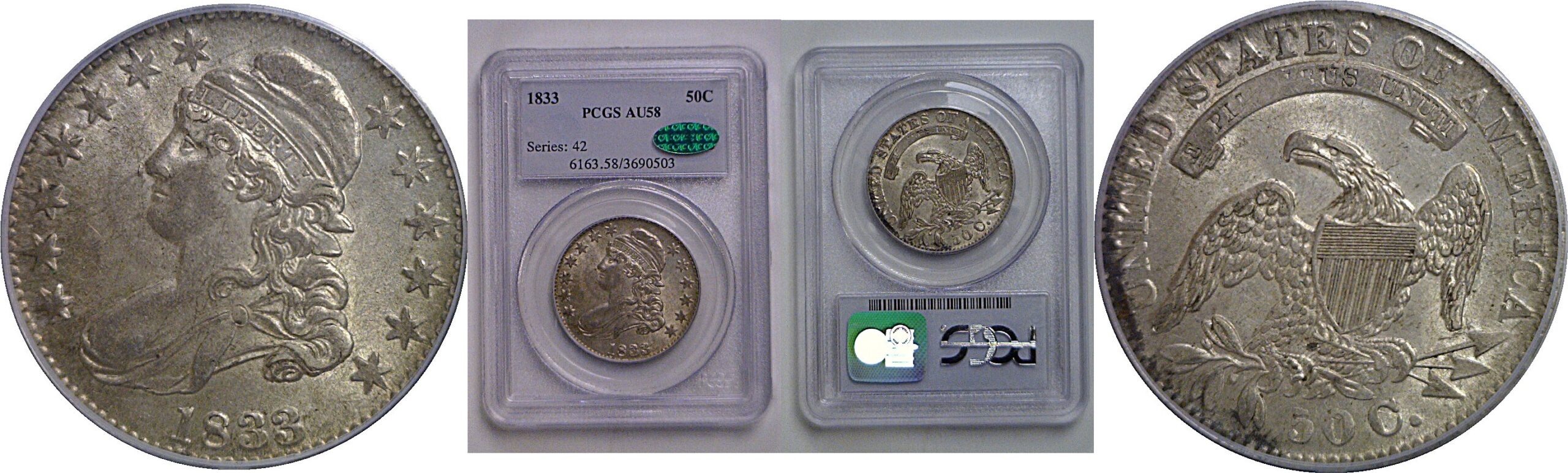 1833 Bust Half Dollar   PCGS AU-58  CAC
