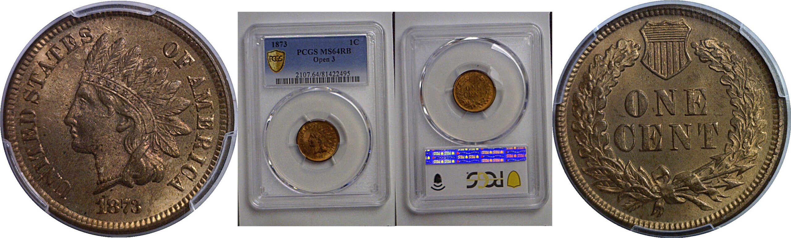 1873 Open 3  Indian Head Cent   PCGS MS-64 RB