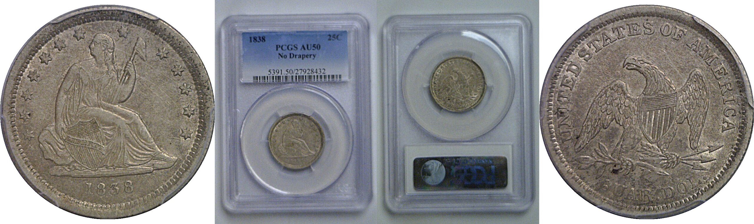 1838 Seated Liberty Quarter   PCGS AU-50