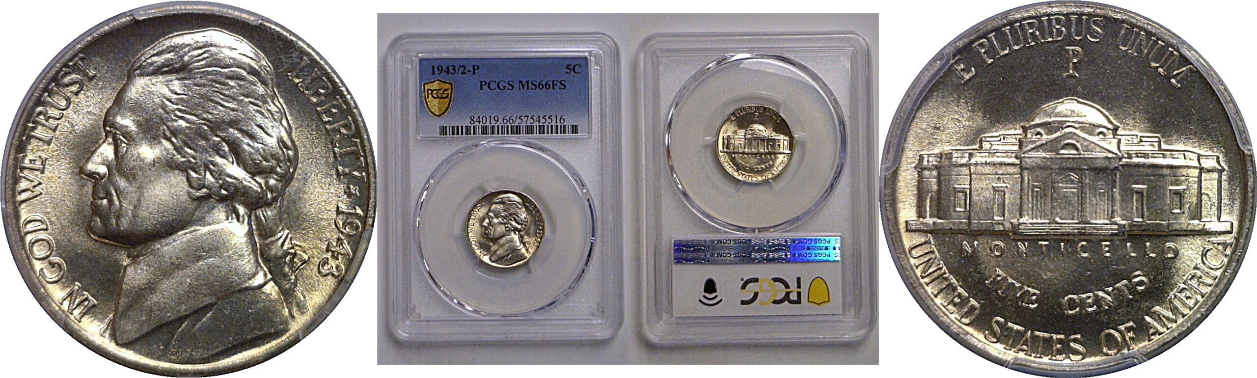 1943/2-P Jefferson Nickel   PCGS MS-66 FS