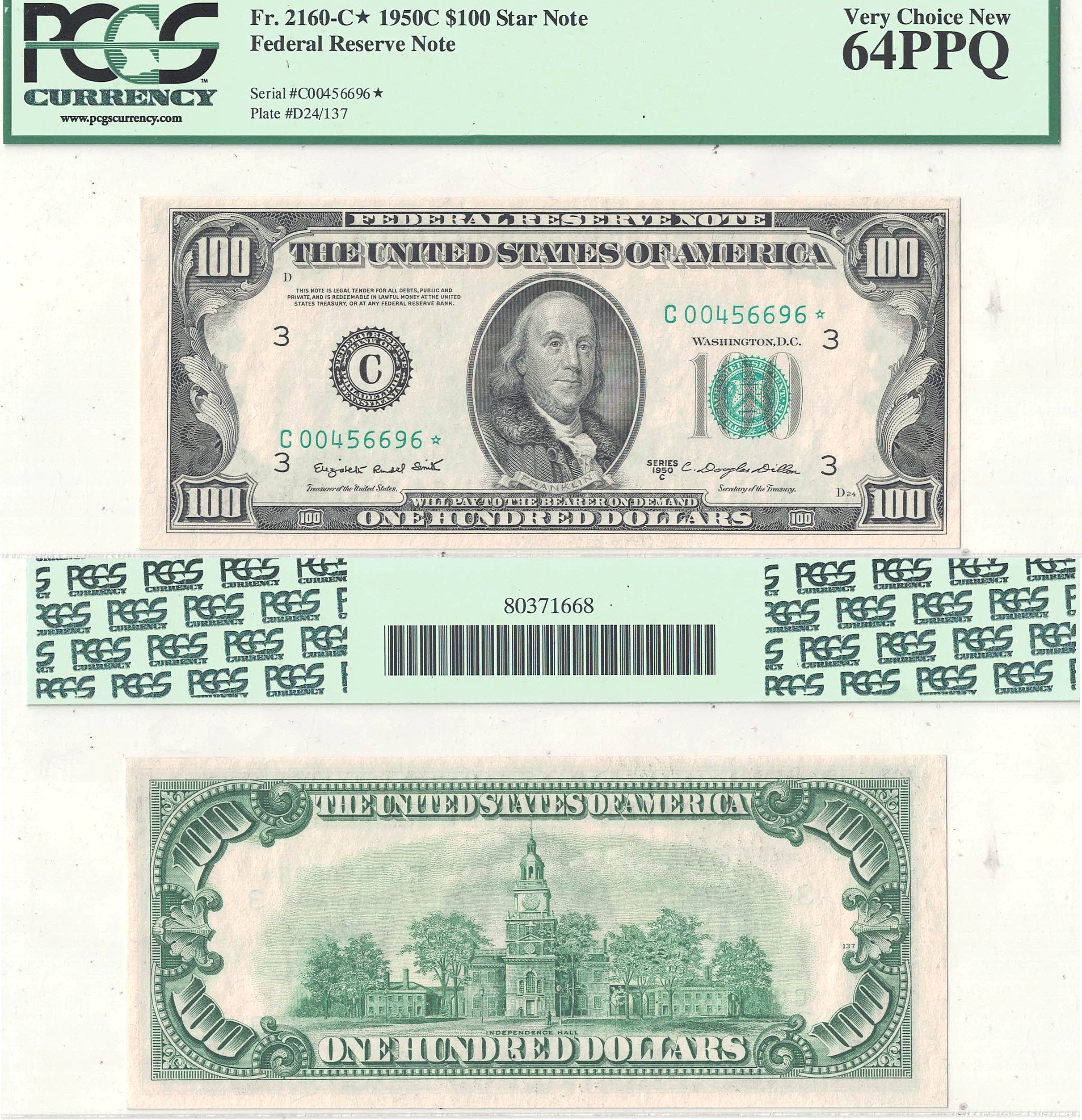 1950-C $100 Federal Reserve Star Note Fr-2160-C* PCGS Choice CU-64 PPQ