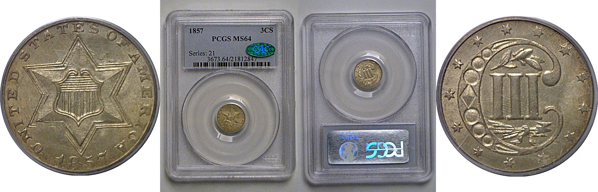 1857 Silver Three Cent   PCGS MS-64  CAC
