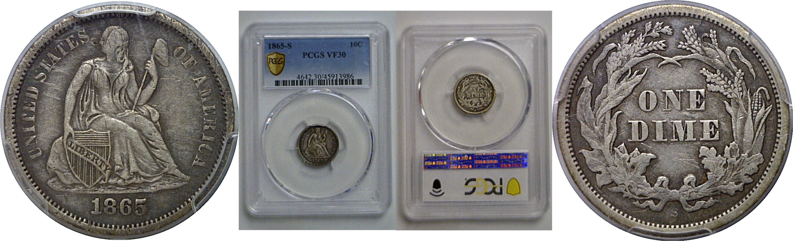 1865-S Seated Liberty Dime   PCGS VF-30