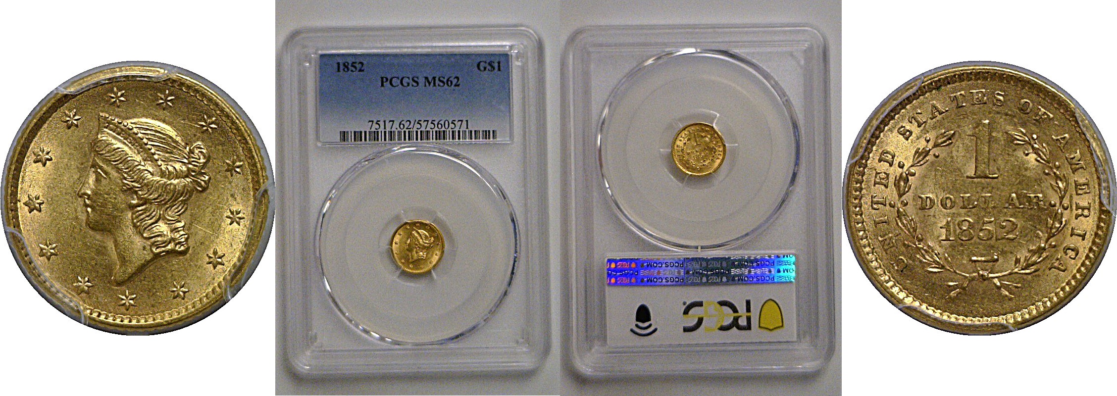 1852 One Dollar Gold Coin   PCGS MS-62