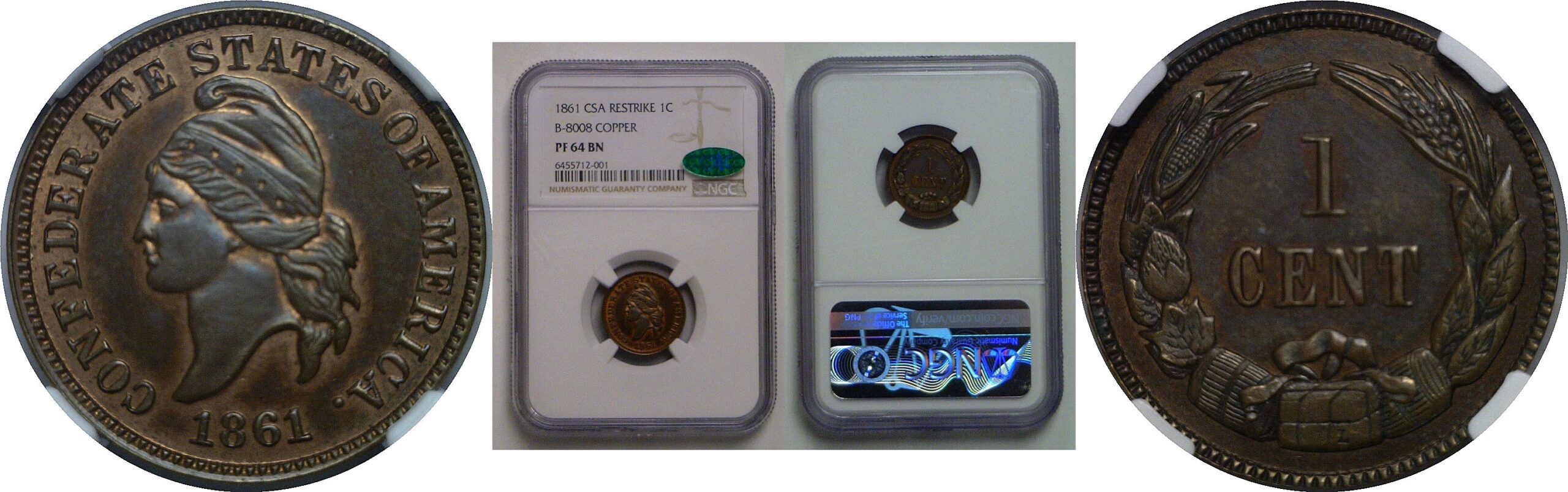 1861 Confederate Cent  Haseltine Copper Restrike   NGC PF-64 BN  CAC