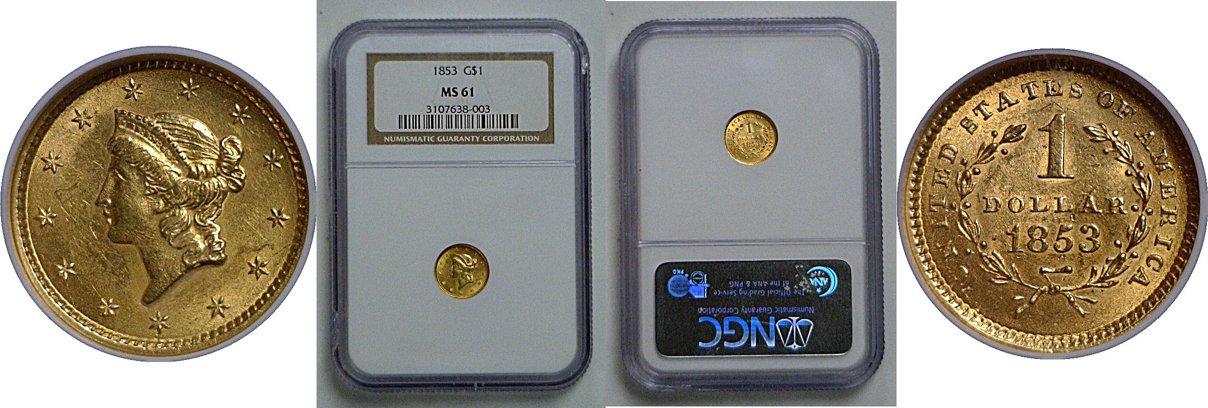 1853 One Dollar Gold Coin   NGC MS-61