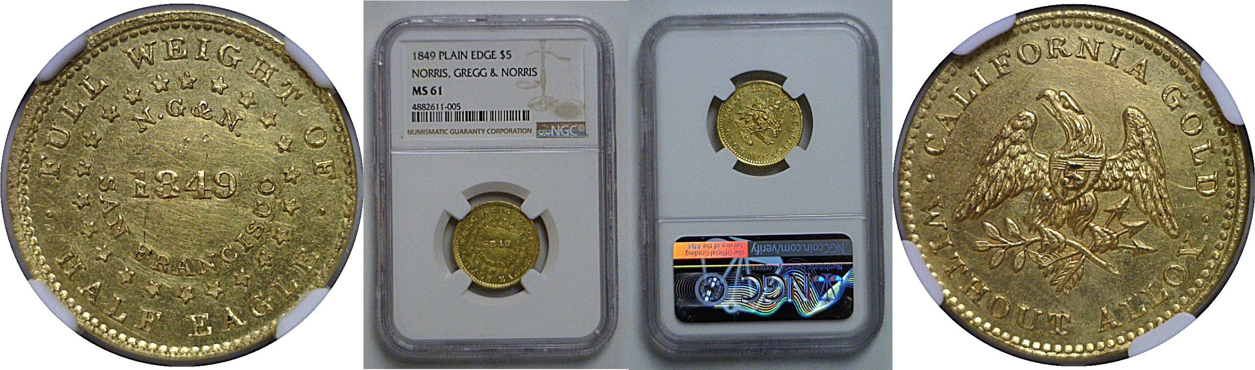 1849 $5 Norris, Gregg & Norris  -  NGC MS-61