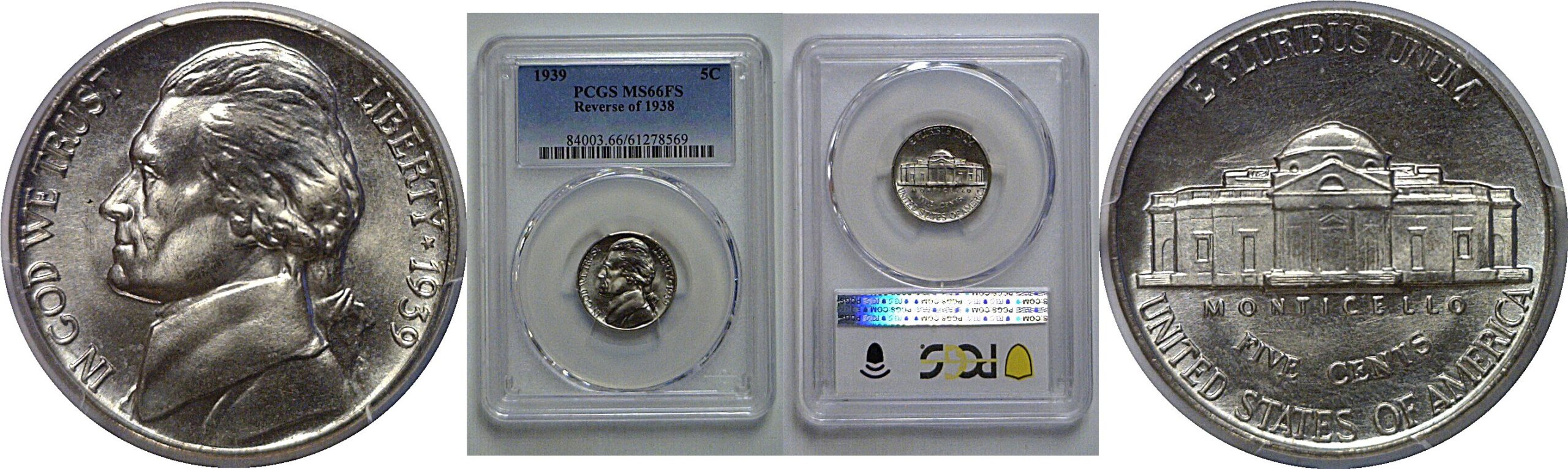 1939 Reverse of 1938  Jefferson Nickel   PCGS MS-66 FS
