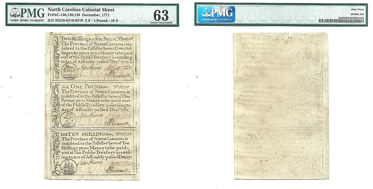 December, 1771 North Carolina Colonial Sheet Fr NC-136,139,138 PMG Choice CU 63